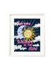 A framed art print is shown on a white background.The artwork features hand lettering spelling out "We were written in the stars" accompanied by a beautiful celestial scene with a crescent moon and sun illuminating the night sky filled with whimsical clouds and twinkling stars.