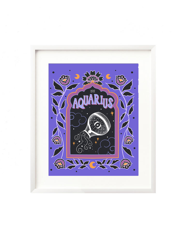 A framed art print - the illustration is a depiction of the Aquarius zodiac sign. The water bearer is illustrated by a cosmic vessel with an intuitive eye being poured into a starry night sky. It is surrounded by whimsical clouds, and framed by bright vibrant florals.