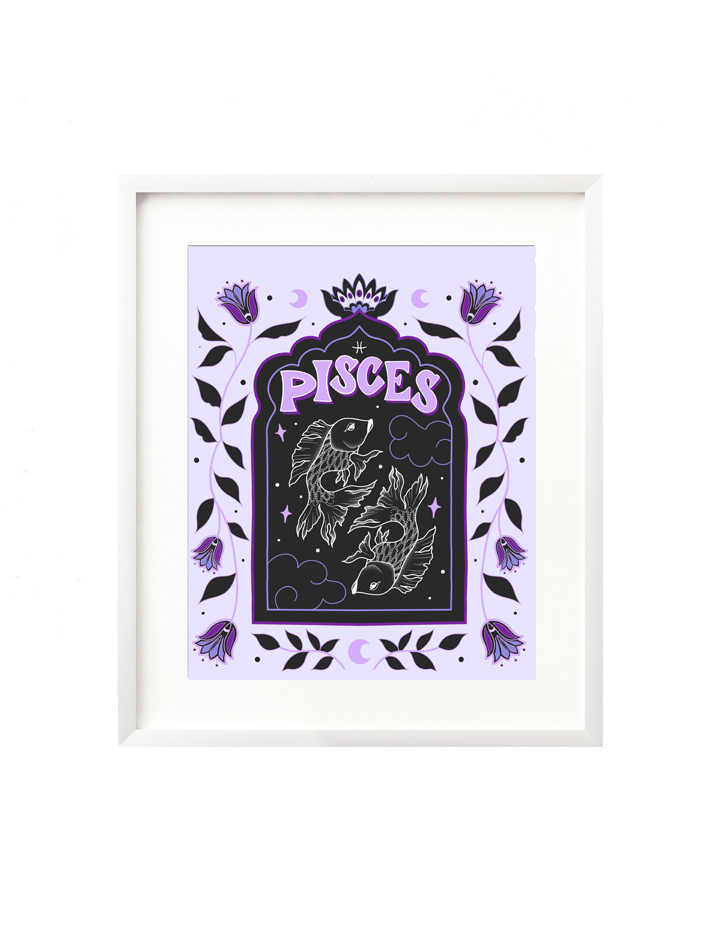A framed art print - the illustration is a depiction of the Pisces zodiac sign. The celestial fish is illustrated floating in a starry night sky, surrounded by whimsical clouds and framed in by folk art flowers. Pisces is hand lettered at the top in a bold, groovy, retro inspired style.