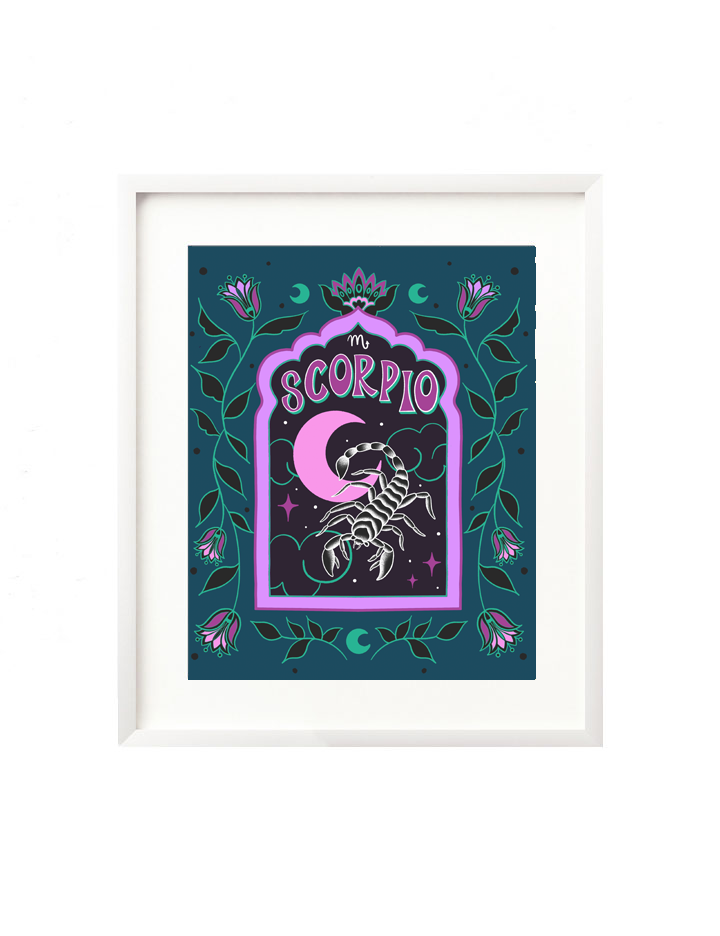 A framed art print - the illustration is a depiction of the Scorpio zodiac sign. The celestial scorpion is illustrated floating in a starry night sky, surrounded by whimsical clouds and framed in by folk art flowers. Scorpio is hand lettered at the top in a bold, groovy, retro inspired style.