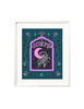 A framed art print - the illustration is a depiction of the Scorpio zodiac sign. The celestial scorpion is illustrated floating in a starry night sky, surrounded by whimsical clouds and framed in by folk art flowers. Scorpio is hand lettered at the top in a bold, groovy, retro inspired style.